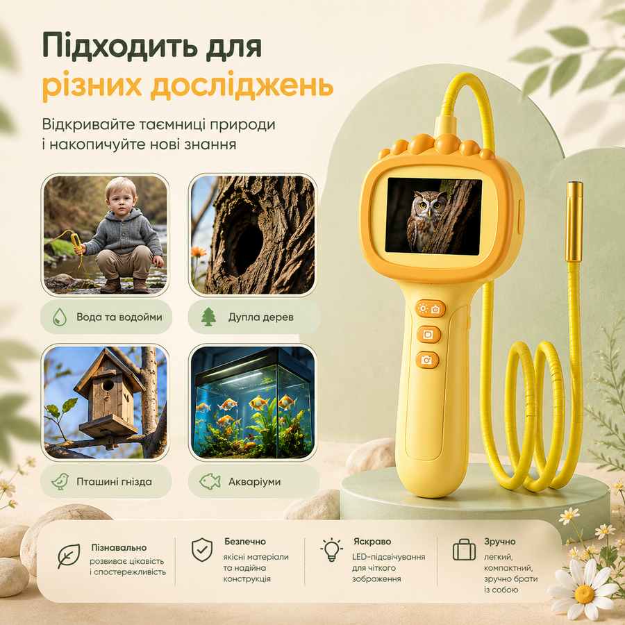 Ендоскоп цифровий, портативний дитячий ендоскоп-камера для досліджень, з екраном та LED-підсвічуванням 19082026 фото, Hot Box