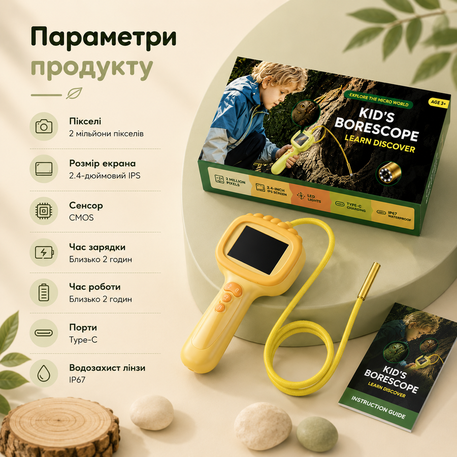 Ендоскоп цифровий, портативний дитячий ендоскоп-камера для досліджень, з екраном та LED-підсвічуванням 19082026 фото, Hot Box