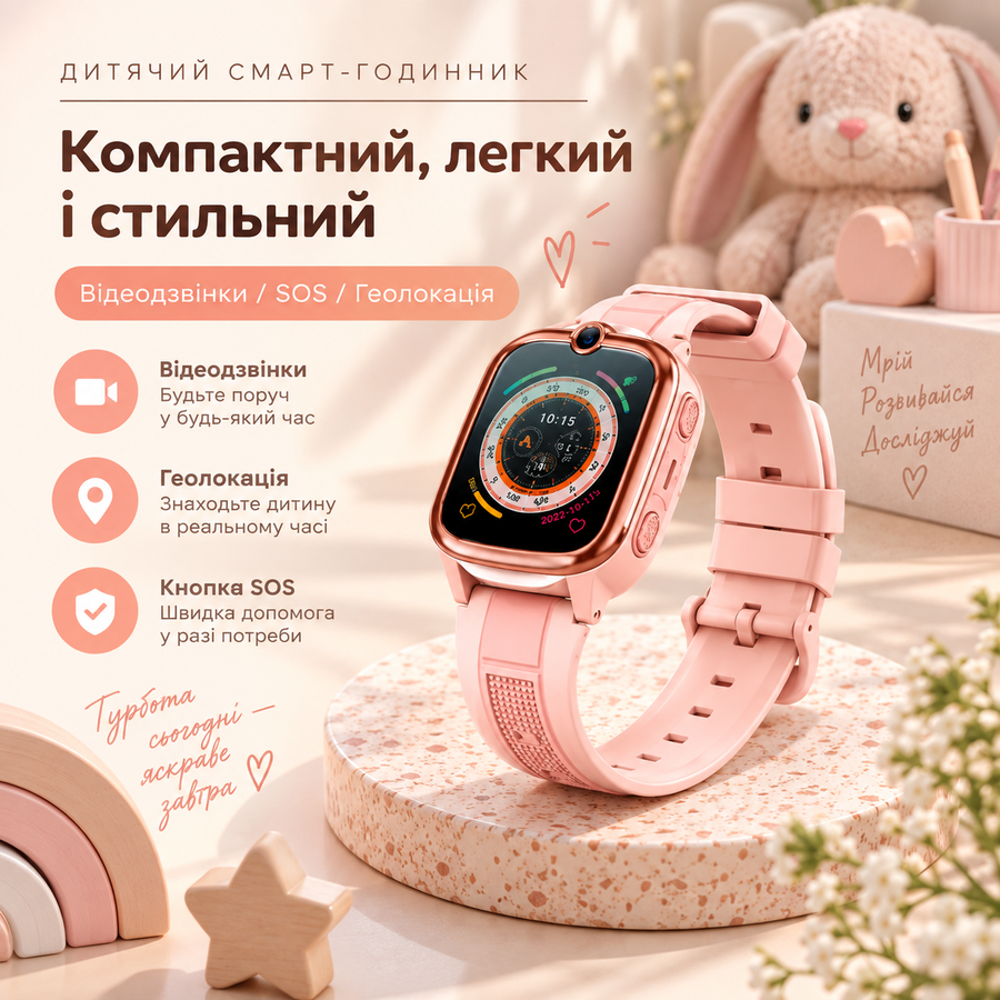 Дитячий смарт-годинник 4G з GPS, відеодзвінками та SOS &mdash; рожевий 16092026 фото, Hot Box