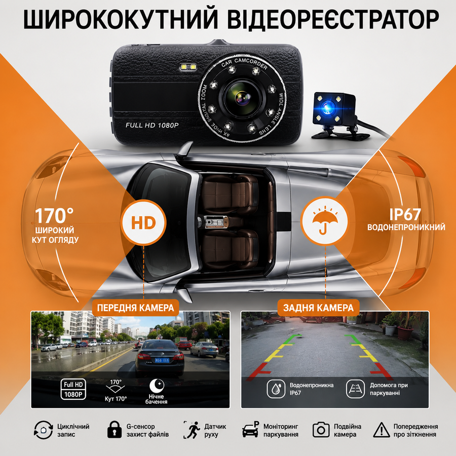 Ширококутний автомобільний відеореєстратор c 4,0 - дюймовим екраном і задньої камерою Sunway Pro Y08A 459963839 фото, Hot Box
