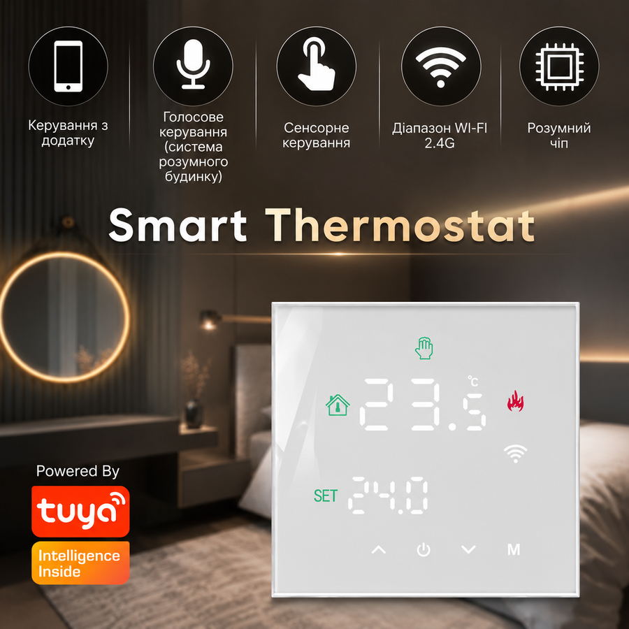 Сенсорний програмований термостат / терморегулятор Wi-Fi з голосовим керуванням для електричної підлоги TuyaSmart MINCO HEAT М3Н білий 375086112 фото, Hot Box