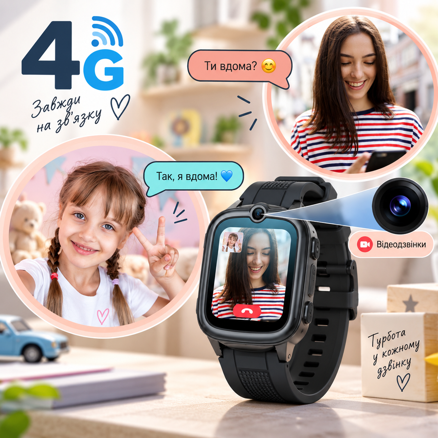Дитячий смарт-годинник 4G з GPS, камерою, відеодзвінками та SOS &mdash; чорний 17092026 фото, Hot Box