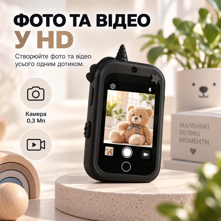Дитячий смартфон-телефон 4G з GPS, Wi-Fi, SOS, камерою та відеодзвінками &mdash; чорний 18092026 фото, Hot Box
