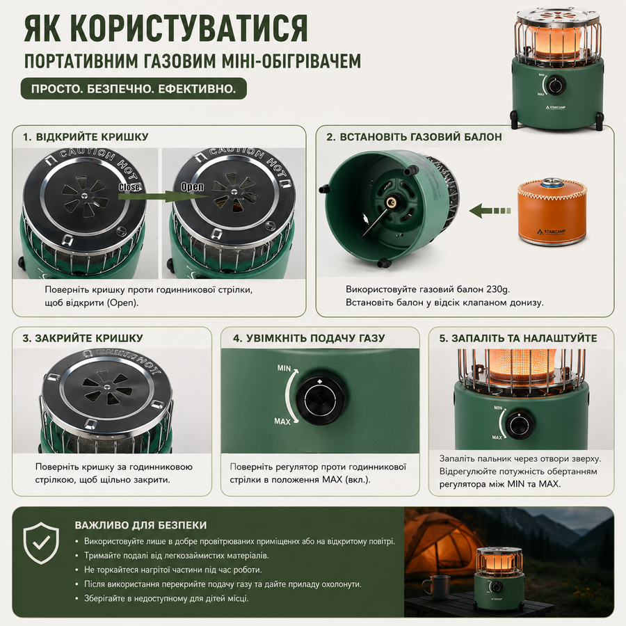 Потративный газовый мини-обогреватель - плита 2 в 1 для кемпинга, походов и дома STARCAMP HX-2000G  88922242 фото, Hot Box