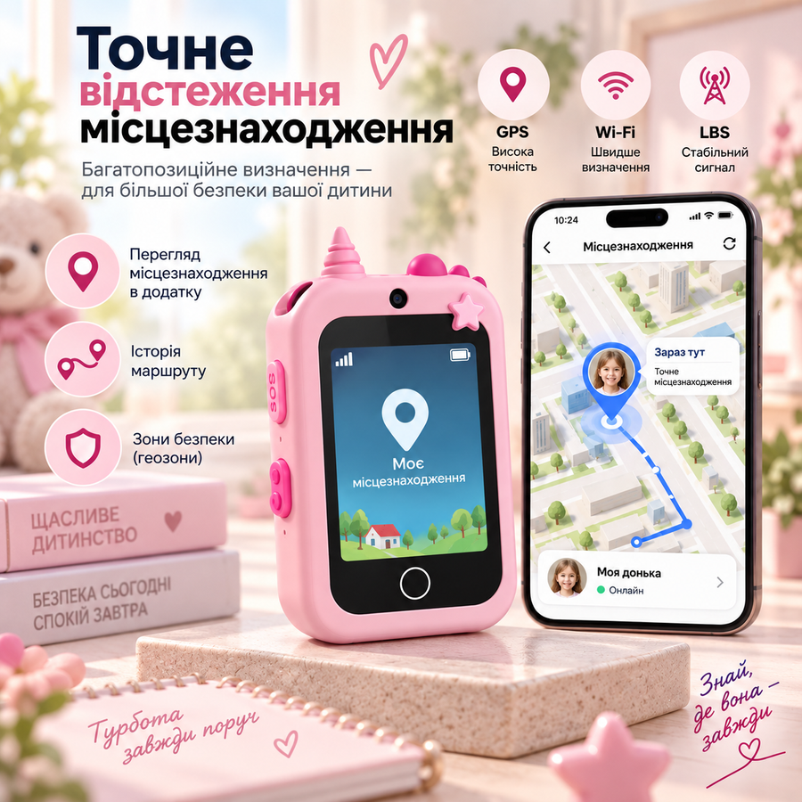 Дитячий смартфон-телефон 4G з GPS, Wi-Fi, SOS, камерою та відеодзвінками &mdash; рожевий 20092026 фото, Hot Box