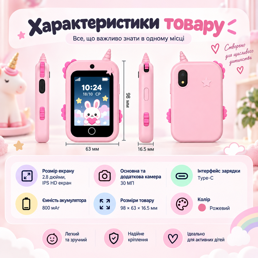Дитячий смартфон-телефон 4G з GPS, Wi-Fi, SOS, камерою та відеодзвінками &mdash; рожевий 20092026 фото, Hot Box