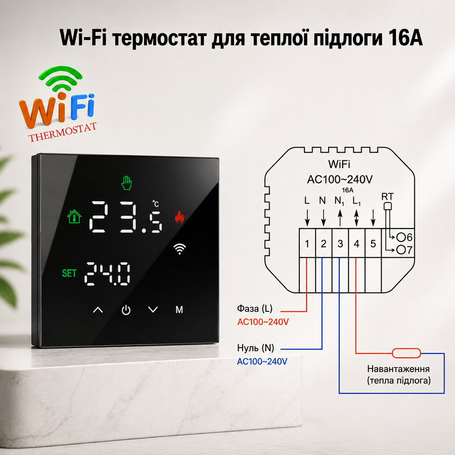 Розумний сенсорний Wi-Fi термостат з голосовим керуванням та функцією пам'яті для електричної підлоги TuyaSmart MINCO HEAT М3Н чорний 372159813 фото, Hot Box
