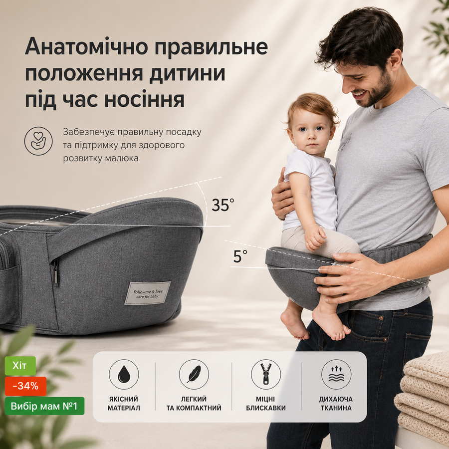 Багатопозиційна сумка-переноска Hip Seat слінг зі знімним сидінням Leshu 3 в 1 BC-318 Grey 40123Gr фото, Hot Box