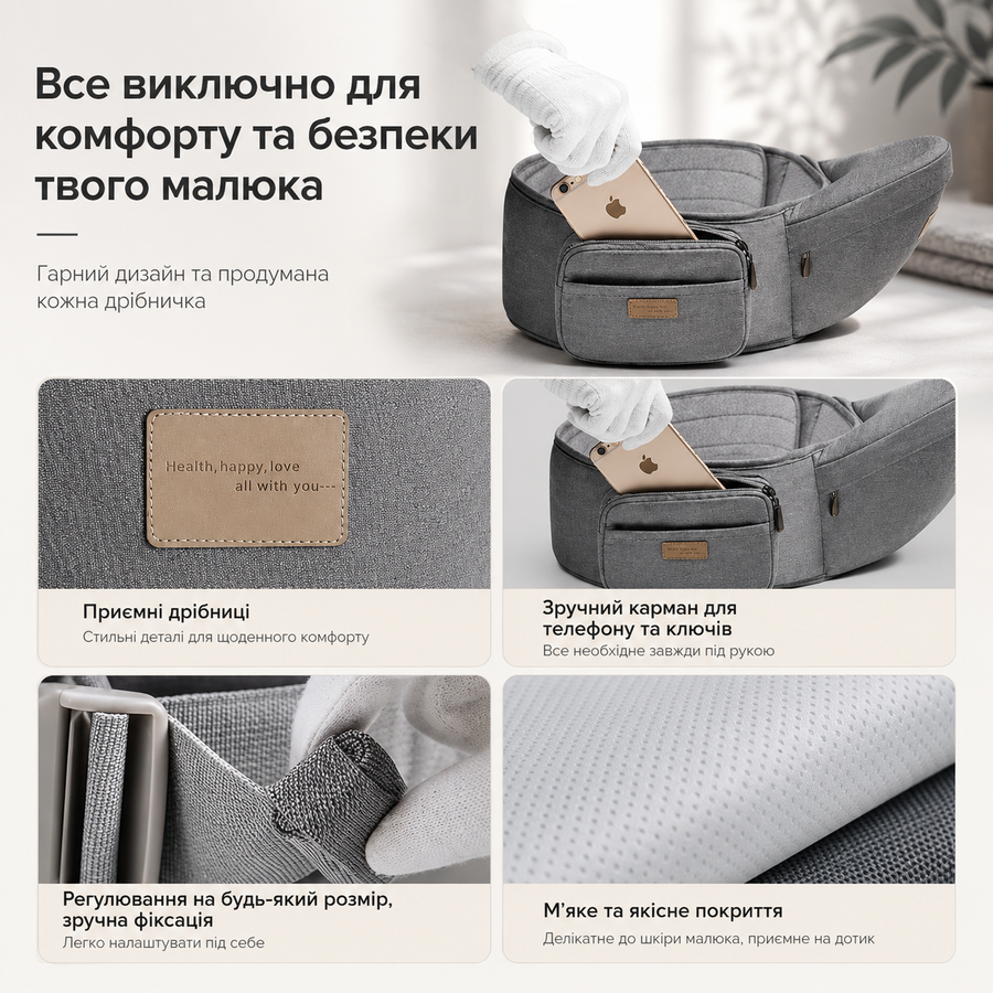 Багатопозиційна сумка-переноска Hip Seat слінг зі знімним сидінням Leshu 3 в 1 BC-318 Grey 40123Gr фото, Hot Box