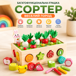 Багатофункціональна іграшка сортер Монтессорі &laquo;Веселий Город&raquo; з магнітною рибалкою Soli