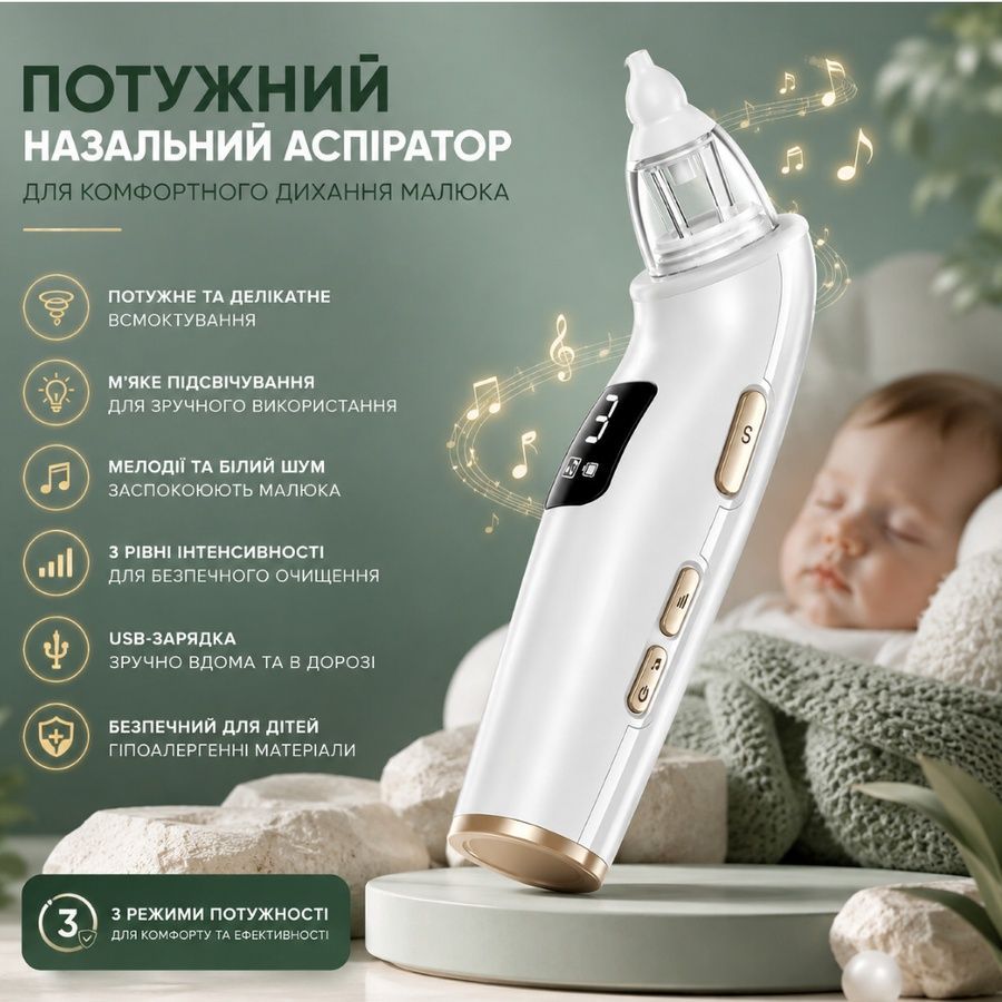 Потужний назальний аспіратор/ соплевідсмоктувач дитячий електронний з підсвічуванням і музикою PAKISS FY-B203 404631420 фото, Hot Box