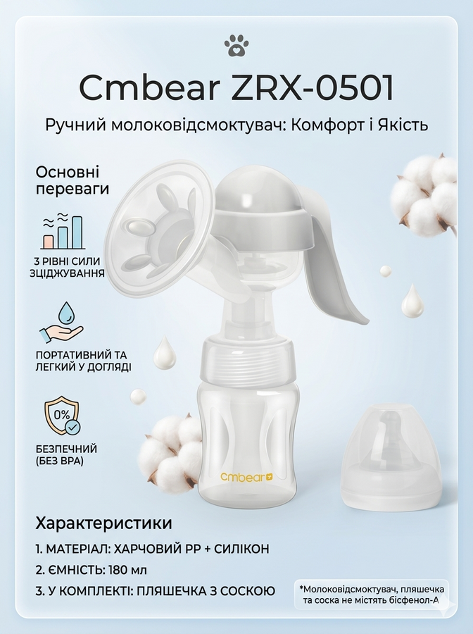 Молокоотсос ручной с силиконовой подушечкой и тремя уровнями силы сцеживания Cmbear 180 мл ZRX-0501 385331328 фото, Hot Box