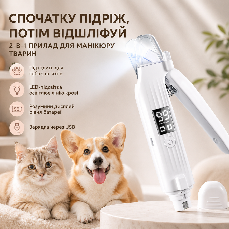 Кігтеріз USMILEPET електричний  2-в-1 зі шліфувальною насадкою та LED-підсвічуванням для домашніх улюбленців 04082026 фото, Hot Box