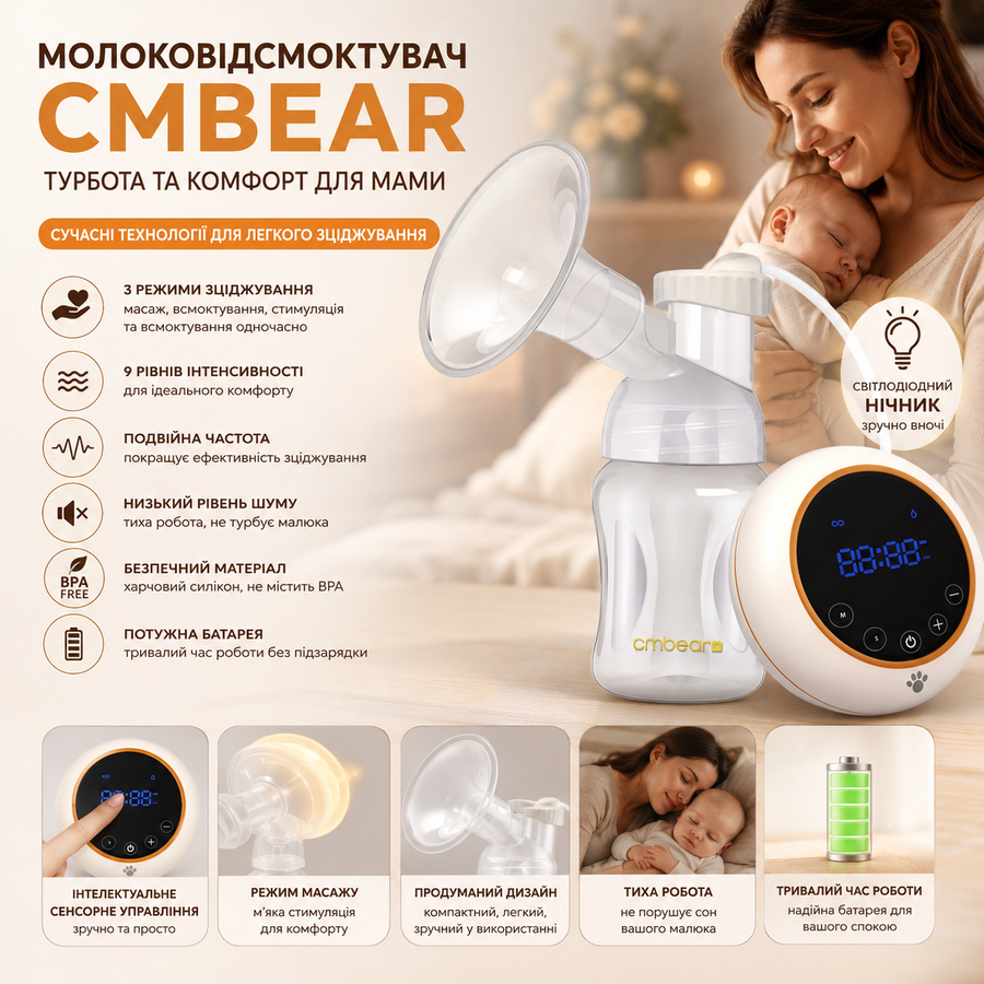 Одинарний електричний молоковідсмоктувач CMBEAR з режимом масажу ZRX-0902 292209933 фото, Hot Box