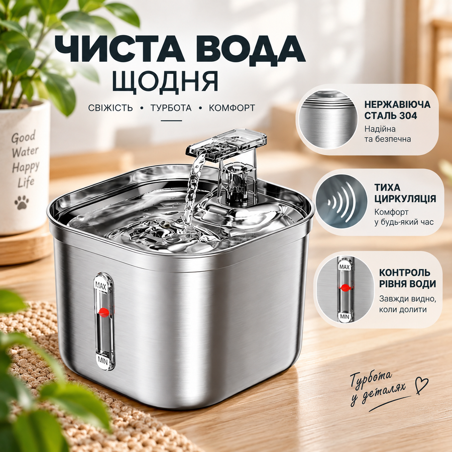 Поїлка-фонтан для котів і собак з нержавіючої сталі, фільтрацією та циркуляцією води 13092026 фото, Hot Box
