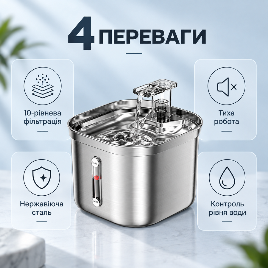 Поїлка-фонтан для котів і собак з нержавіючої сталі, фільтрацією та циркуляцією води 13092026 фото, Hot Box
