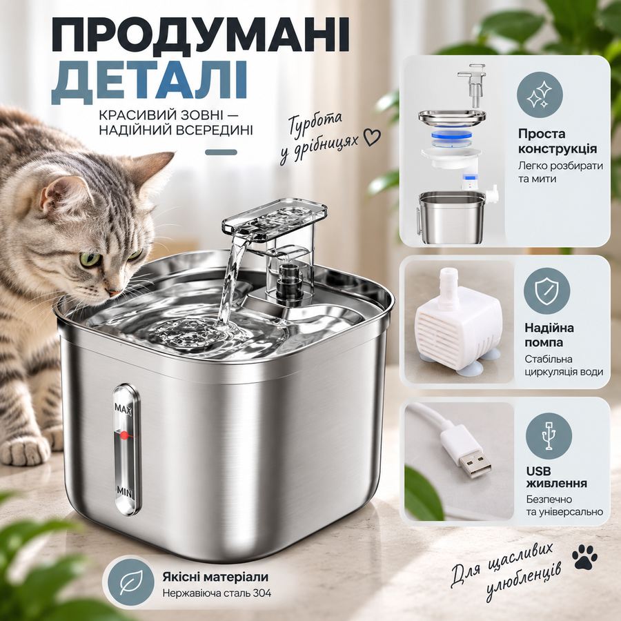Поїлка-фонтан для котів і собак з нержавіючої сталі, фільтрацією та циркуляцією води 13092026 фото, Hot Box
